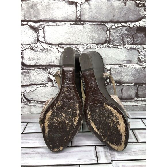 Longchamp Gray Taupe Snake Skin Leather Peep Toe Wedge Strap Sandals Women Sz 38 - Picture 13 of 16